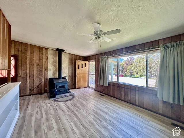 Wood-burning stove in the living room.