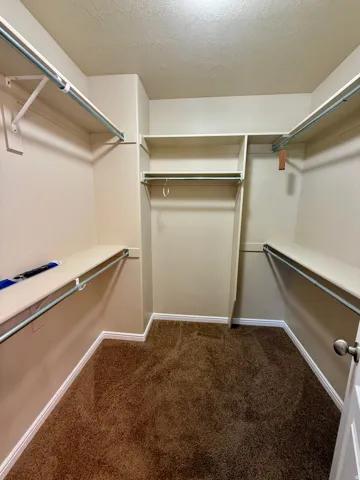 Master Walk-in closet featuring carpet flooring, built-in shelving, and multiple clothing rods