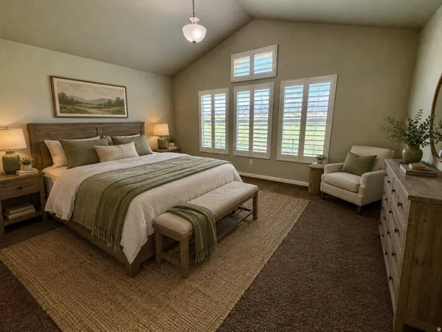 Master Bedroom with vaulted ceilings featuring multiple windows with white plantation shutters, large windows with tons of natural light.