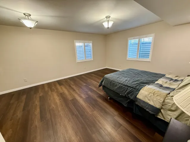 Bedroom 4, Wood-finish LVP flooring, neutral wall tones, two windows with plantation shutters, and two ceiling-mounted light fixtures