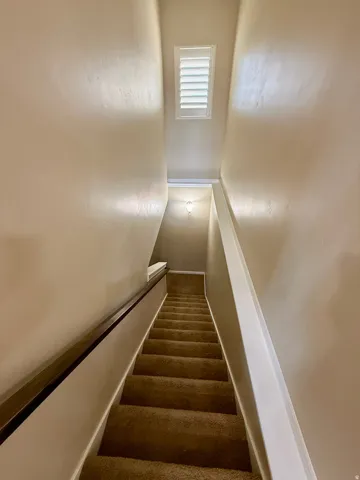 Carpeted staircase with a wood-finish handrail, white wall trim, and a high window with white louvered shutters