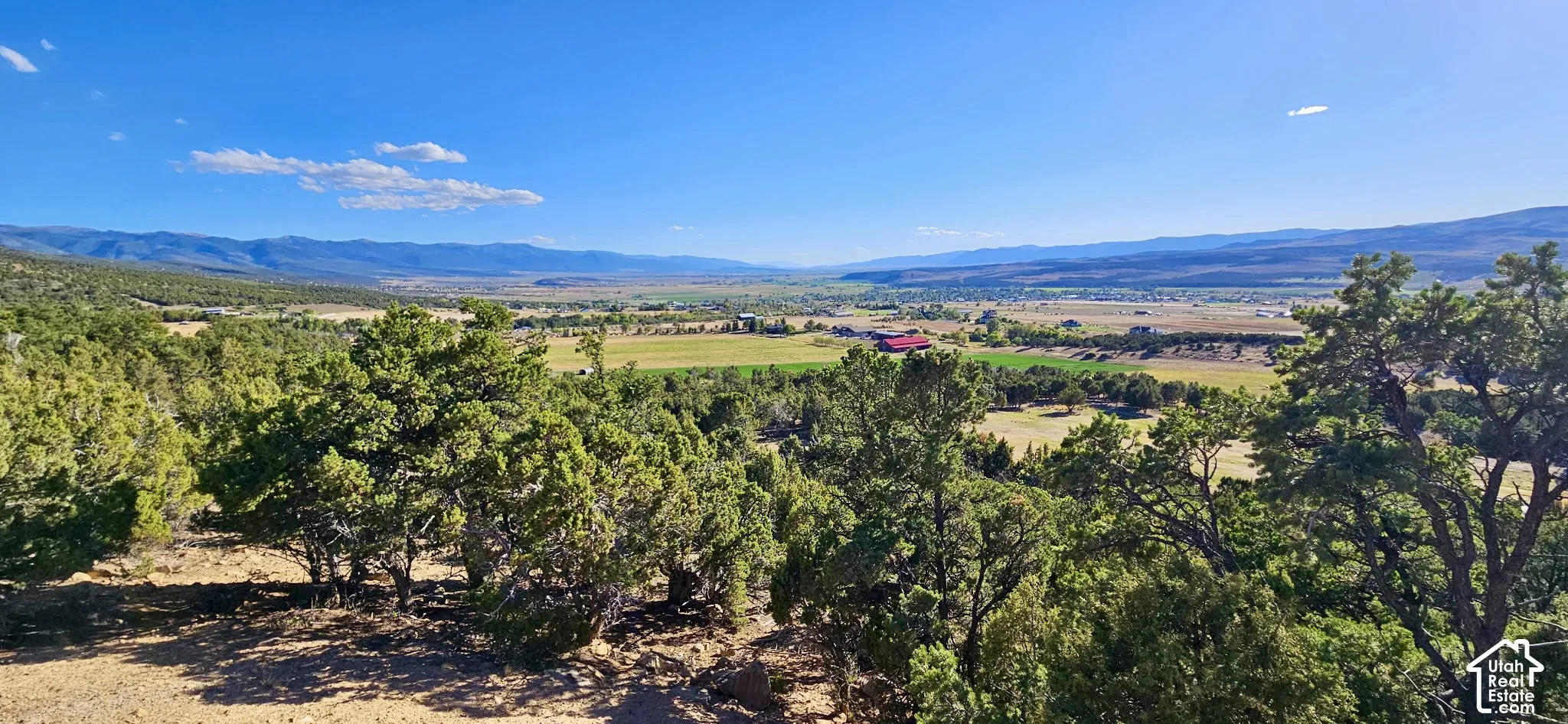 Expansive landscape featuring distant mountains, verdant fields, and scattered trees