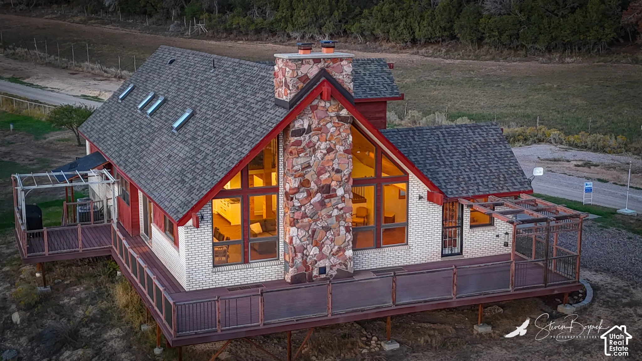 Angled roofline with multiple skylights