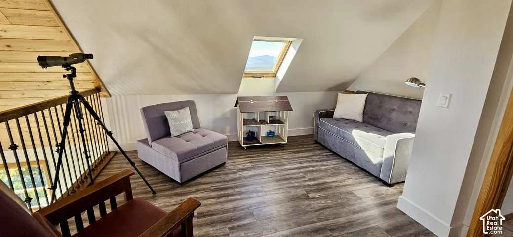 Loft area with sloped ceilings,skylight, wood-finish flooring.