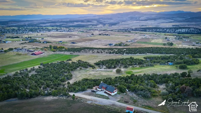Expansive landscape featuring diverse tree coverage, open fields, and distant mountain ranges