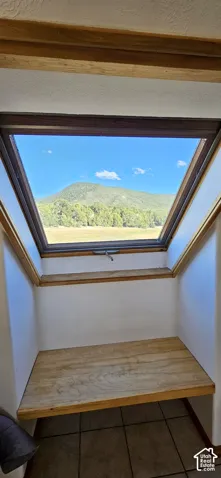Sloped skylight with mountain scenery, framed by wood trim