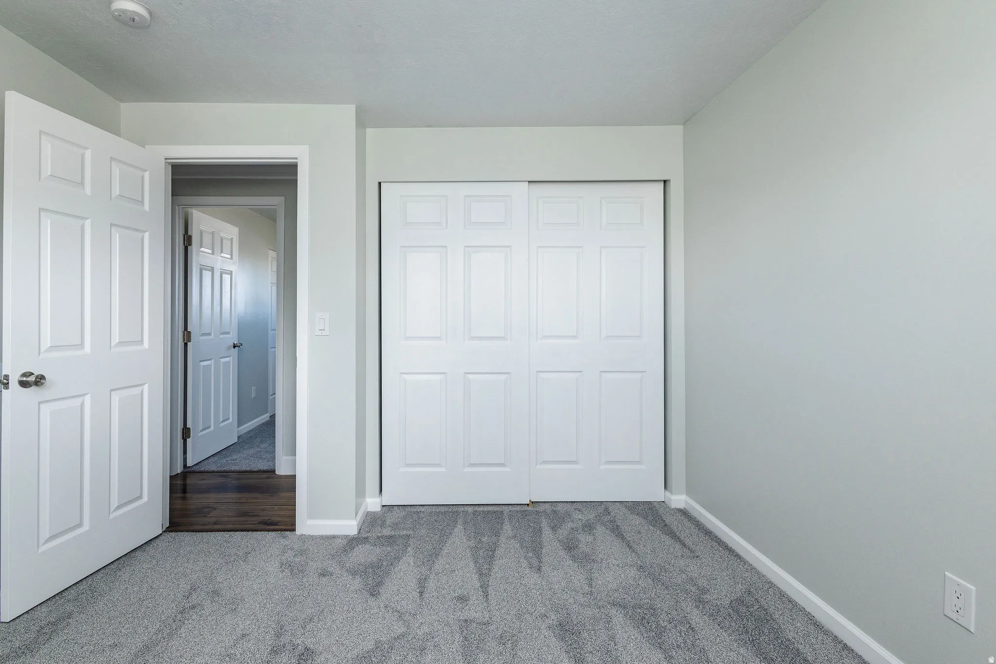 Plush gray carpeting, white bi-fold closet doors, white trim, and a paneled interior door