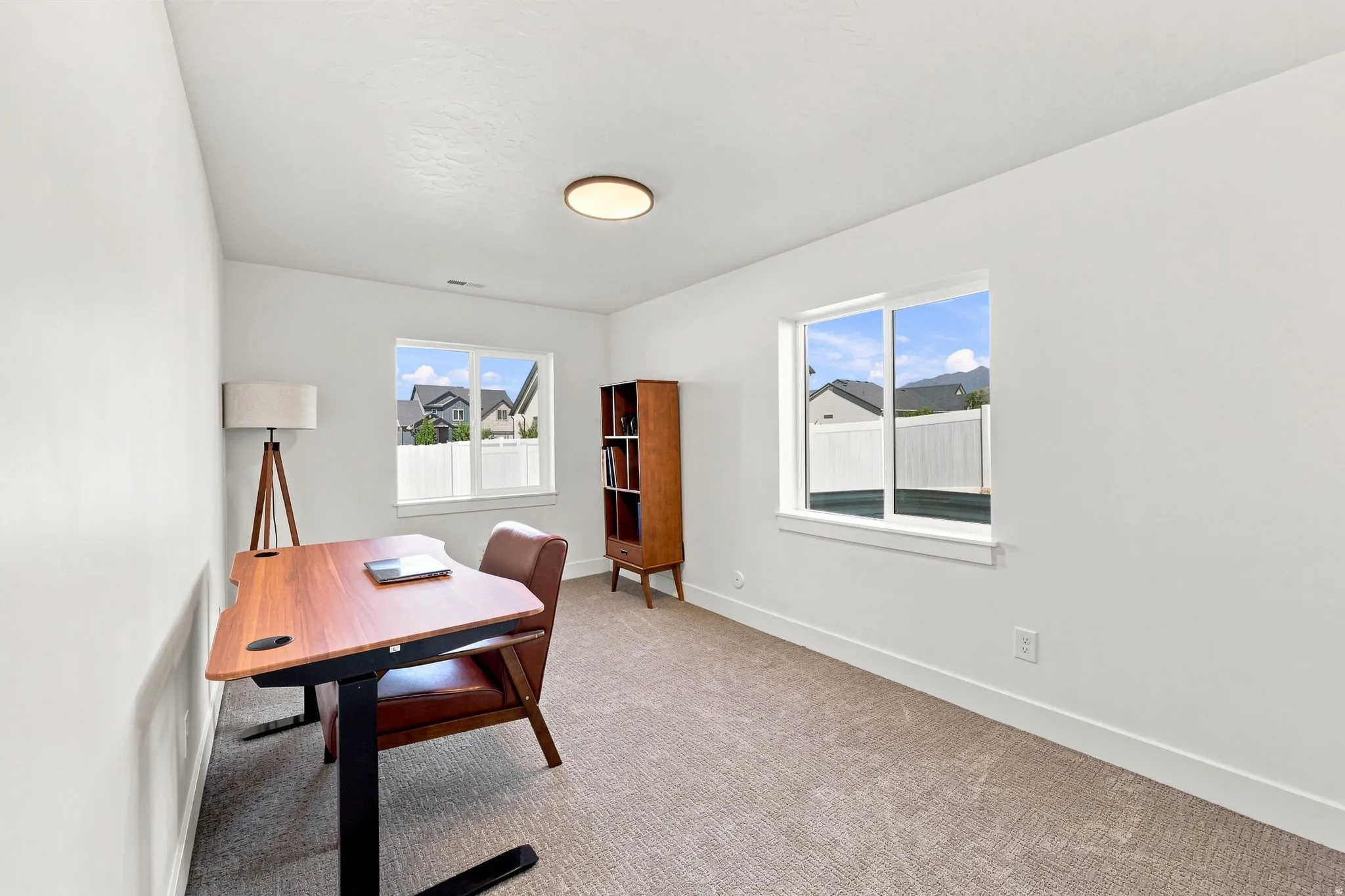 Neutral wall paint, plush carpeting, multiple windows, and a flush-mount ceiling light fixture