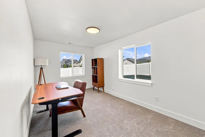 Neutral wall paint, plush carpeting, multiple windows, and a flush-mount ceiling light fixture