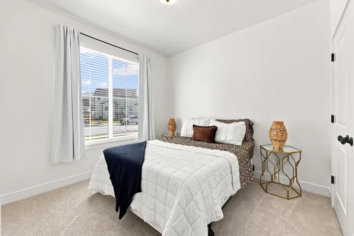 Bright room with a large window, soft carpeting, and a white door with black hardware