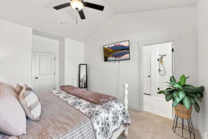Vaulted ceiling with a ceiling fan, light-toned carpeting, and a built-in shower with dark hardware