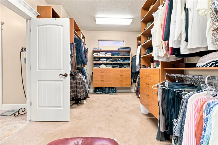 Expansive walk-in closet featuring extensive built-in shelving, integrated drawers, hanging rods, and carpet flooring