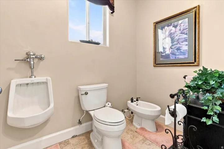 Beige-painted walls featuring a window with a valance, a white wall-mounted urinal, and a white toilet