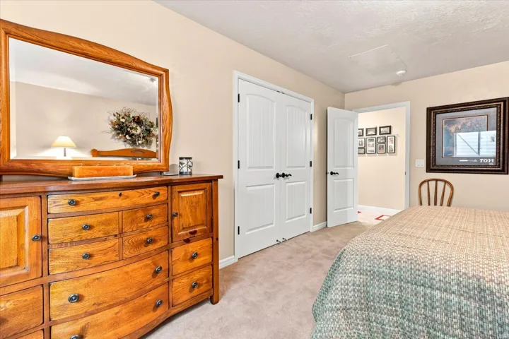 Plush carpet flooring, light-colored wall paint, white interior doors, and a wood-framed mirror