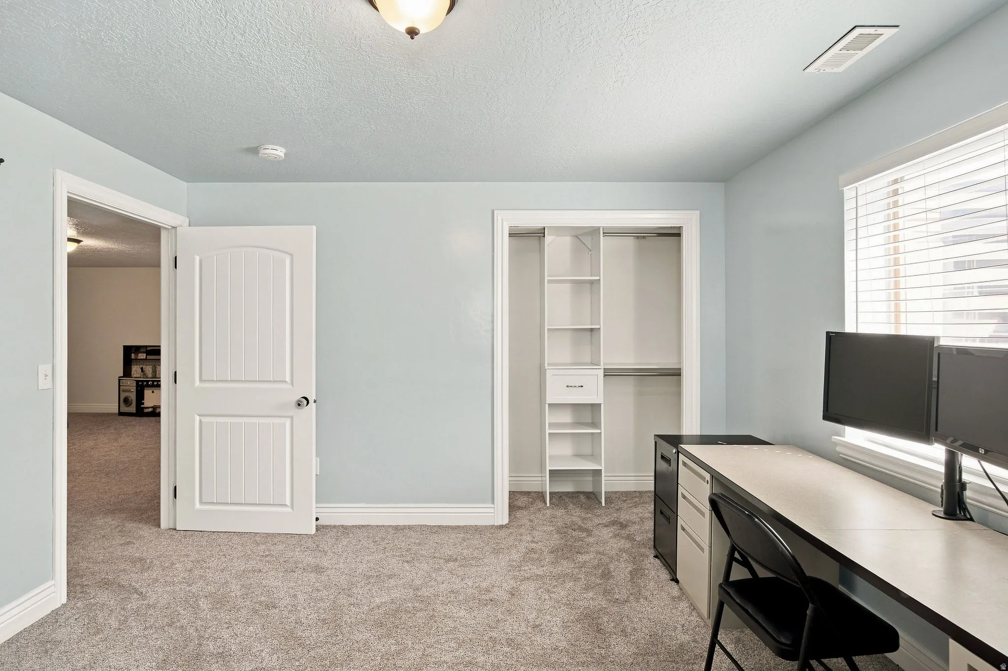 Carpeted basement bedroom, built-in closet organization system, and white window blinds
