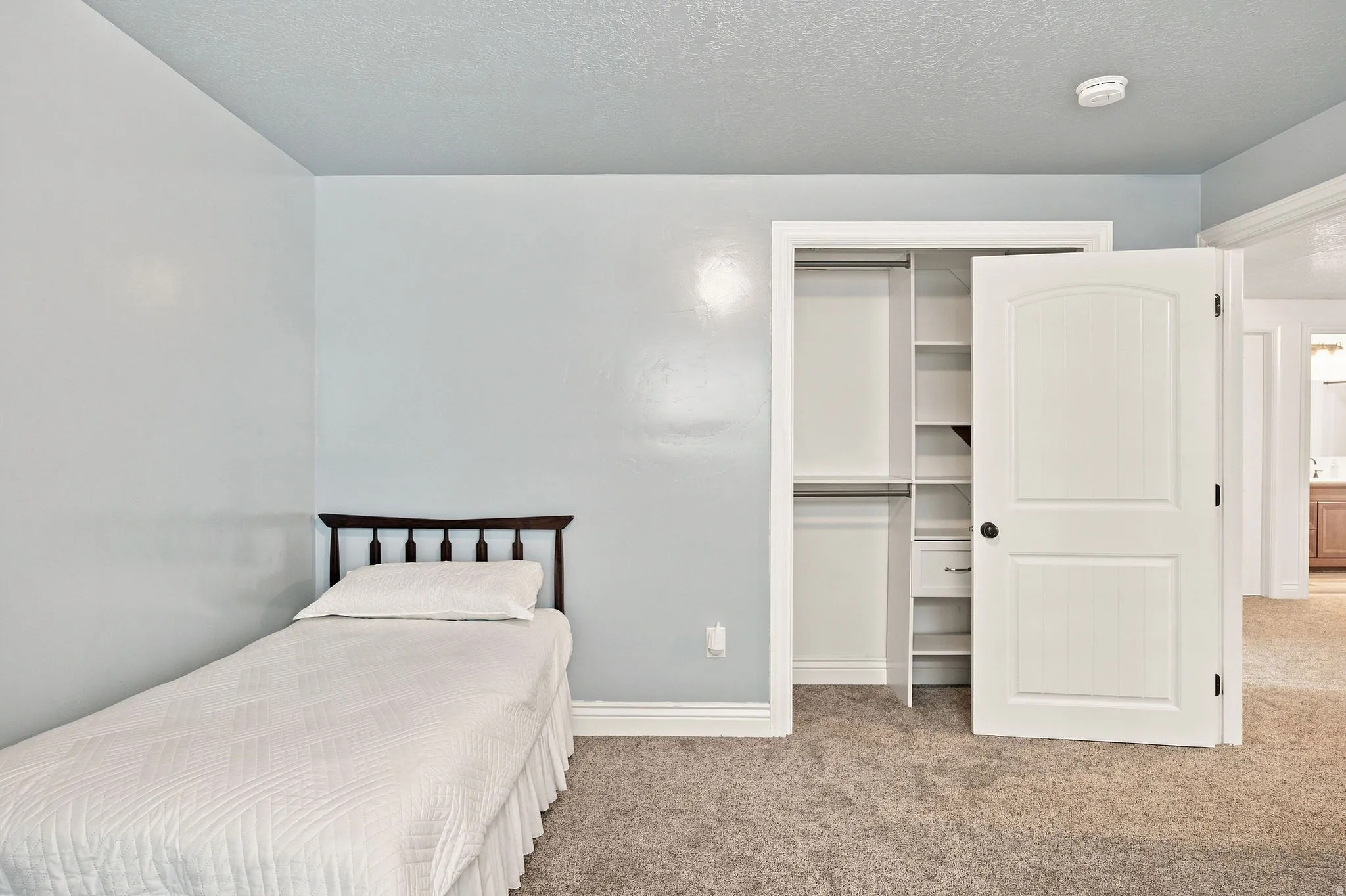 Plush carpet flooring, light blue wall paint, white trim, and a built-in closet system