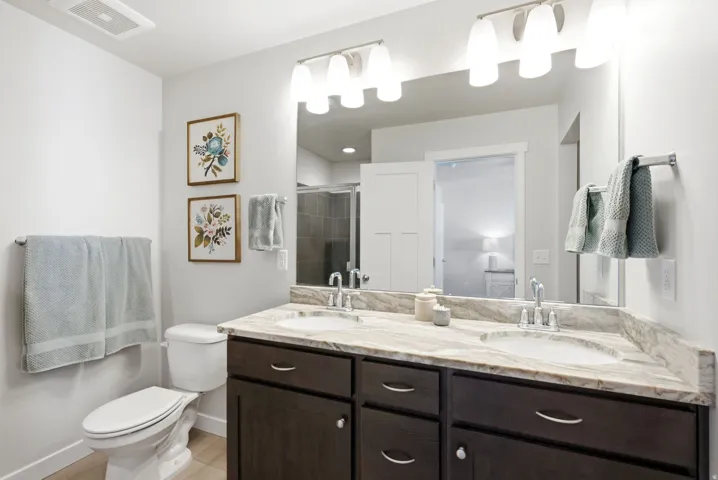 Dual vanity with undermount sinks, stone countertop, and dark wood-finish cabinetry