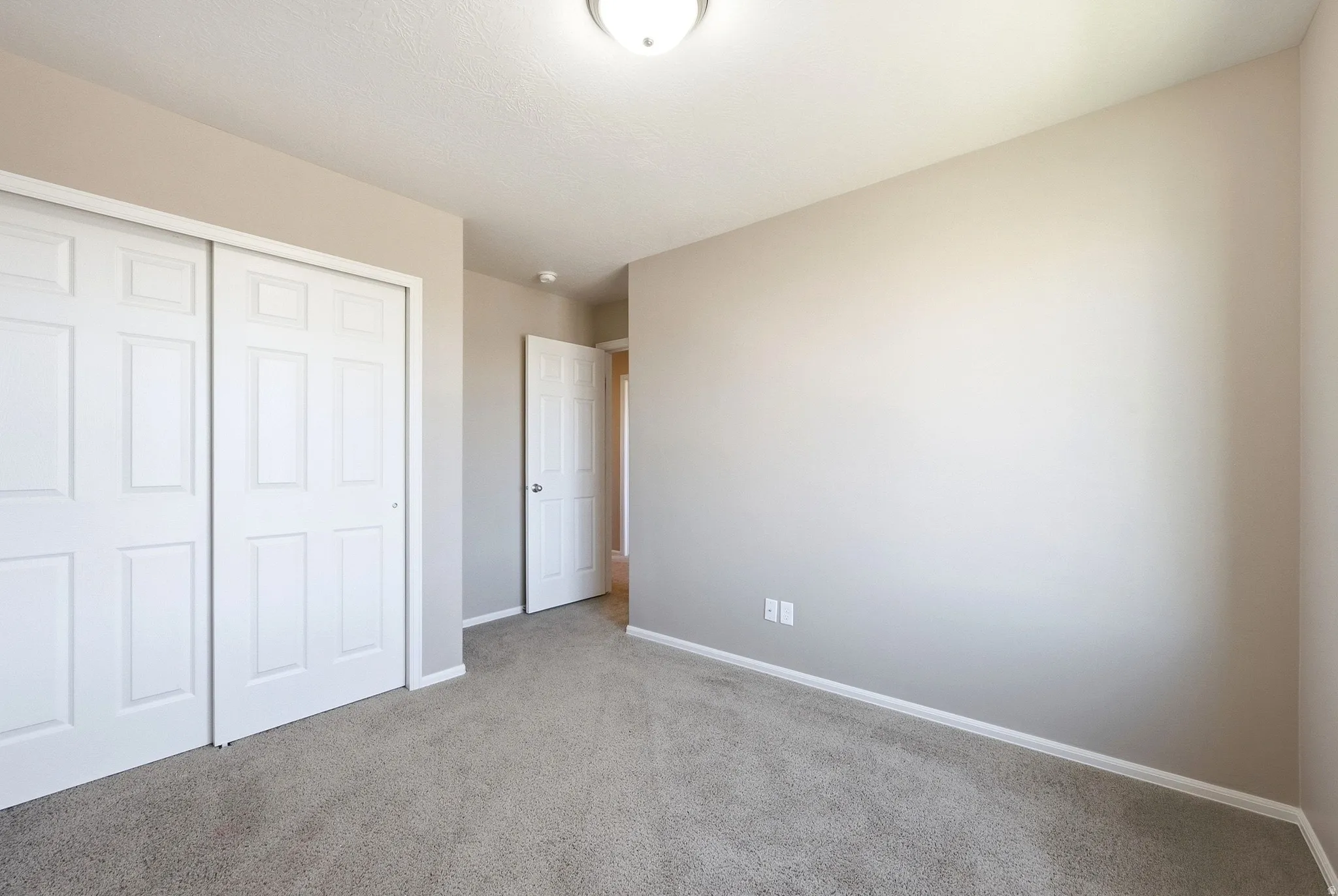 Neutral wall colors, carpet flooring, a flush mount ceiling light fixture, and a two-panel sliding closet door