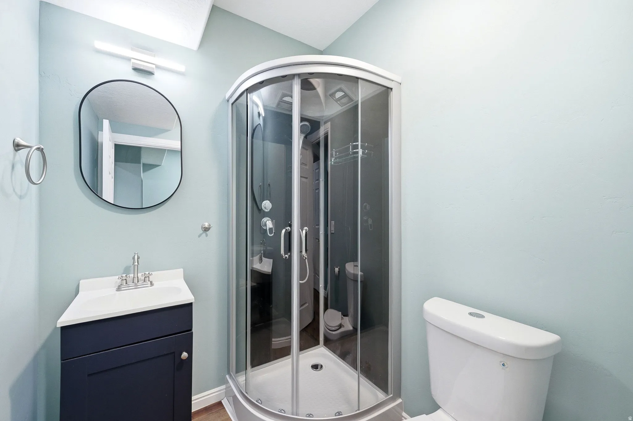 Compact bathroom featuring a curved glass shower enclosure, a vanity with a dark cabinet and white countertop, and a contemporary oval mirror