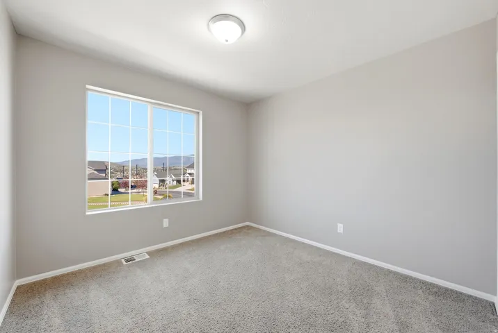 Neutral wall color, carpeted flooring, large grid window, ceiling-mounted light fixture