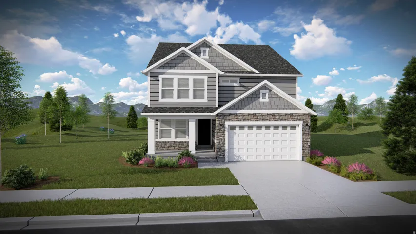 Two-story exterior with a covered porch, attached garage, and stone accents