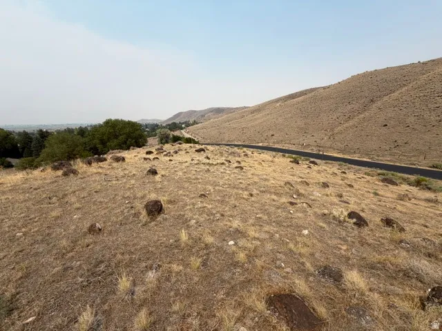 Expansive hillside property featuring natural landscaping, a paved road, and distant residential areas