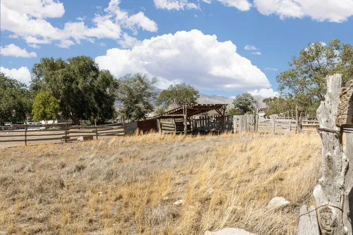 Expansive, open terrain with mature trees, wooden fence lines, and a rustic open-air structure