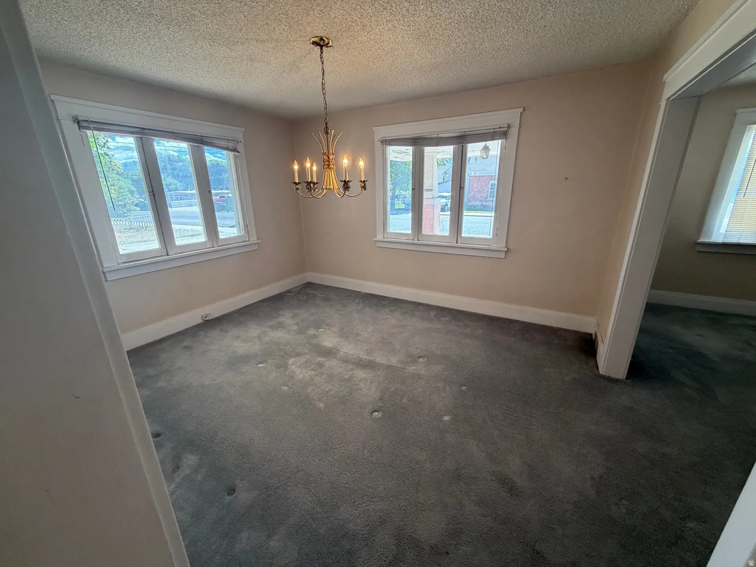 Textured ceiling, broad windows, and a classic chandelier