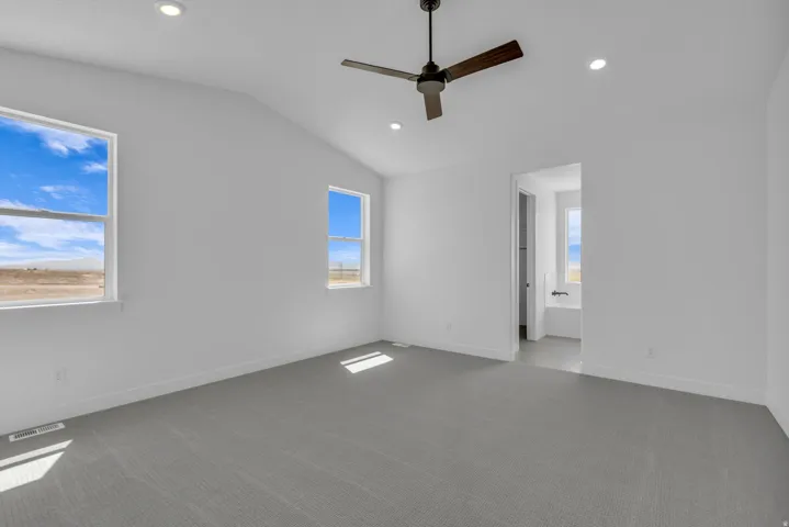 Vaulted primary bedroom with views of the open space to the side of the property.
