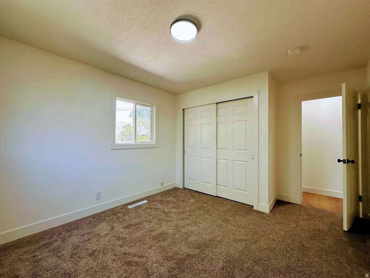 Plush carpeting, sliding closet doors, ceiling-mounted light fixture, and a window with white trim