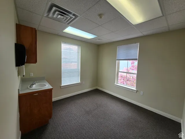 Built-in wood-finish cabinetry with a sink, two windows with blinds, a drop ceiling with integrated lighting, and carpeted flooring
