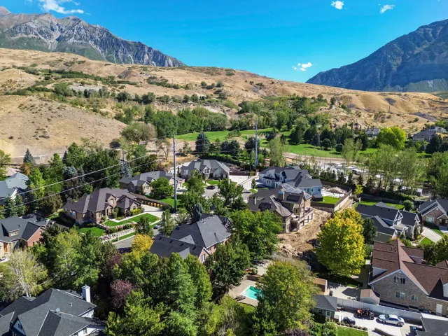 Mountainous backdrop with established residential properties and mature trees