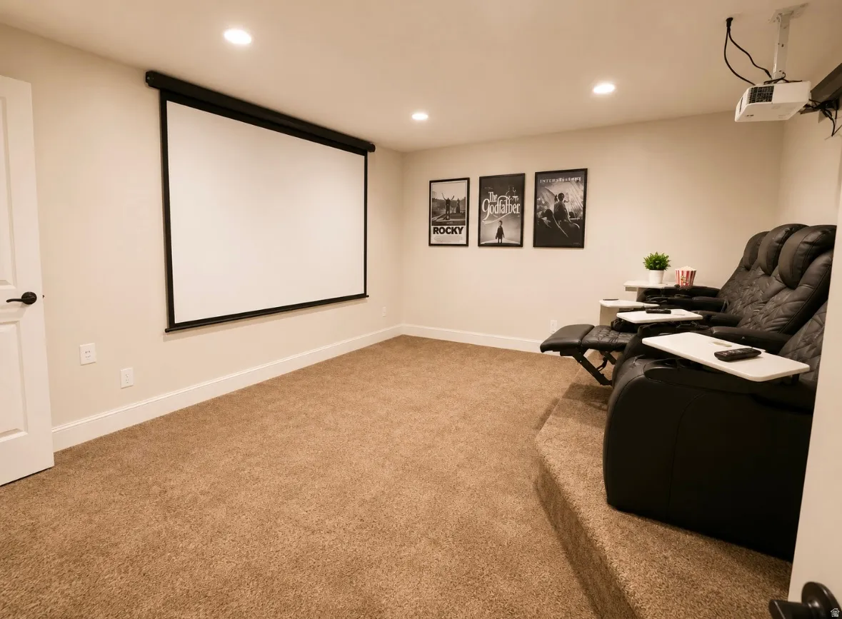 Dedicated media room featuring a large projector screen, recessed lighting, and plush carpet flooring
