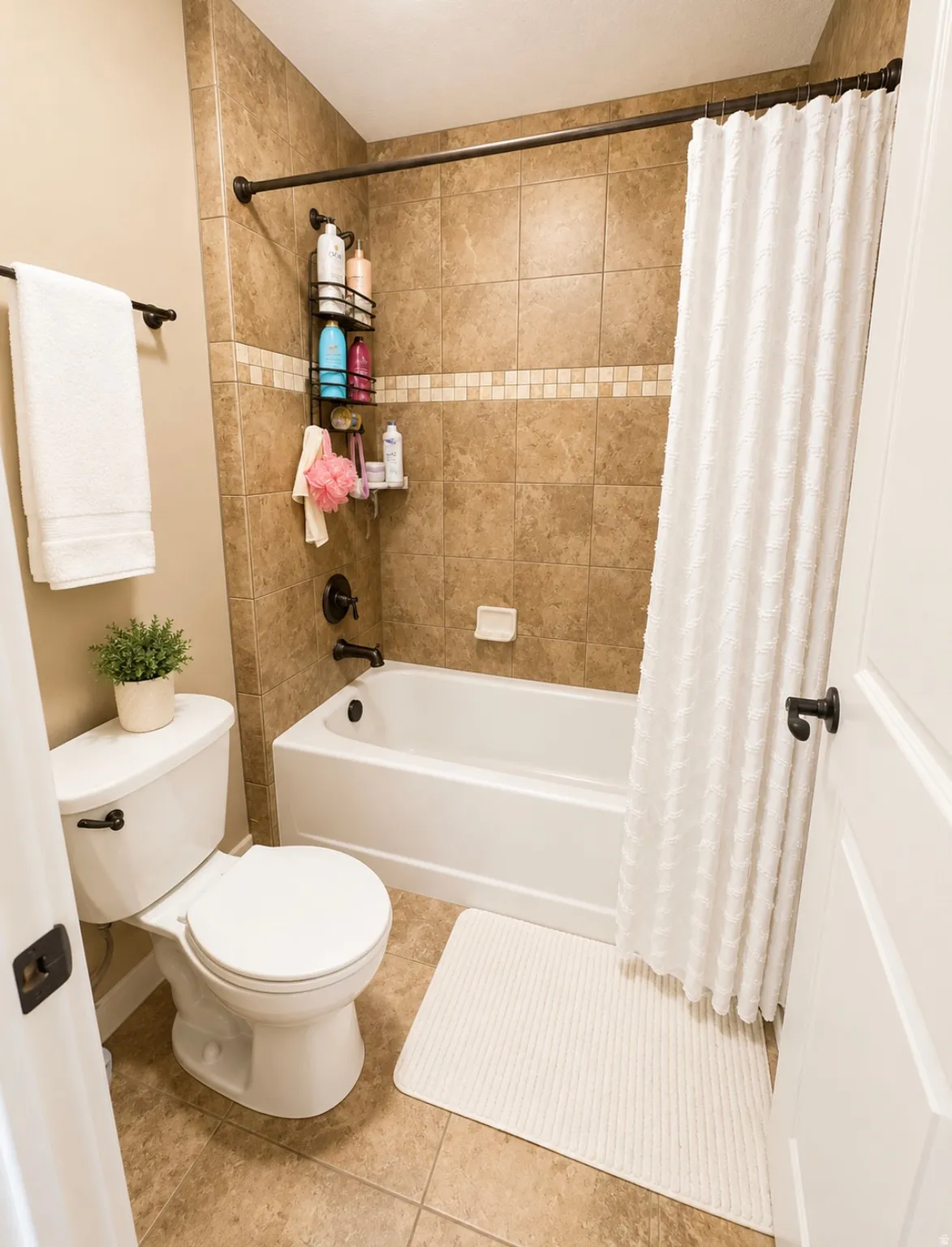 Full bathroom featuring a tiled shower surround with accent band, a white bathtub, and a toilet with dark bronze hardware