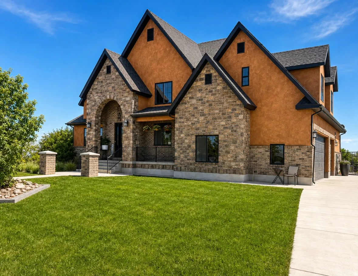 Stately multi-textured exterior featuring prominent stone and stucco finishes