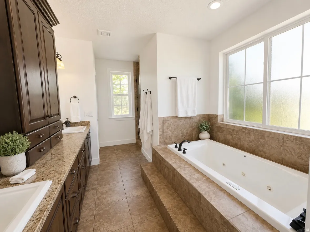 Soaking tub with tiled surround, double vanity with stone countertops, dark wood cabinetry, and tiled flooring