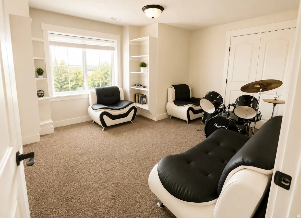 Light-filled room featuring a large window, integrated shelving, neutral carpet flooring, two-panel interior doors, and a flush mount ceiling light