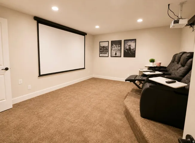 Dedicated media room featuring a large projector screen, recessed lighting, and plush carpet flooring