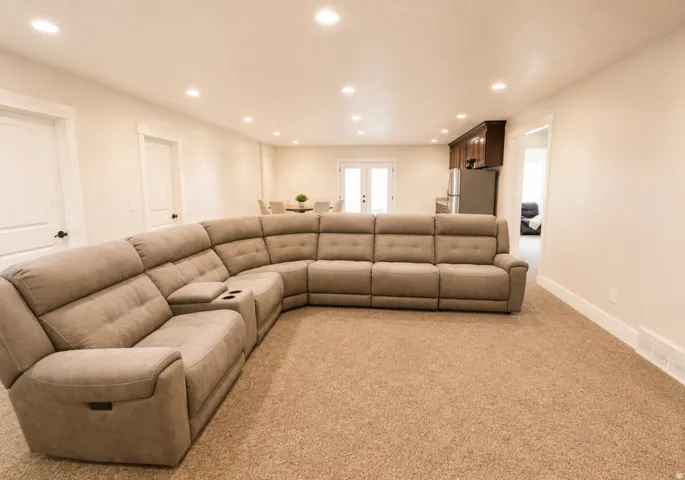 Spacious open-concept room featuring recessed lighting, light-toned walls, and plush carpeting