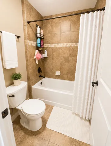 Full bathroom featuring a tiled shower surround with accent band, a white bathtub, and a toilet with dark bronze hardware