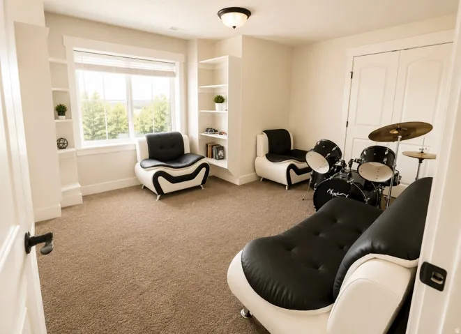 Light-filled room featuring a large window, integrated shelving, neutral carpet flooring, two-panel interior doors, and a flush mount ceiling light