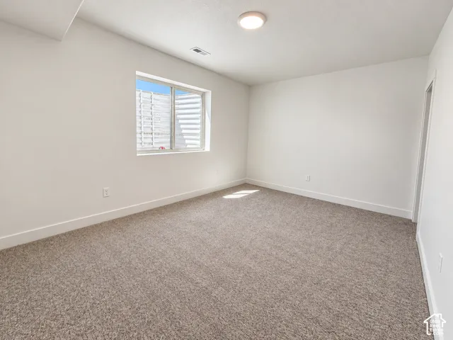 Neutral carpet flooring, white painted walls, and a single ceiling light fixture