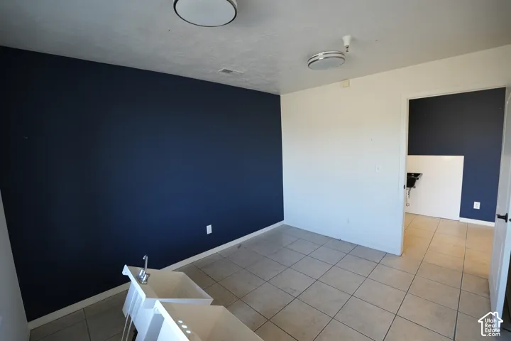 Tile flooring, utility sink with faucet, flush mount lighting fixtures, and a dual-basin sink