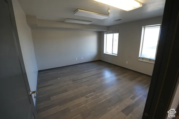 Room featuring wood-finish plank flooring, two windows, and overhead fluorescent lighting