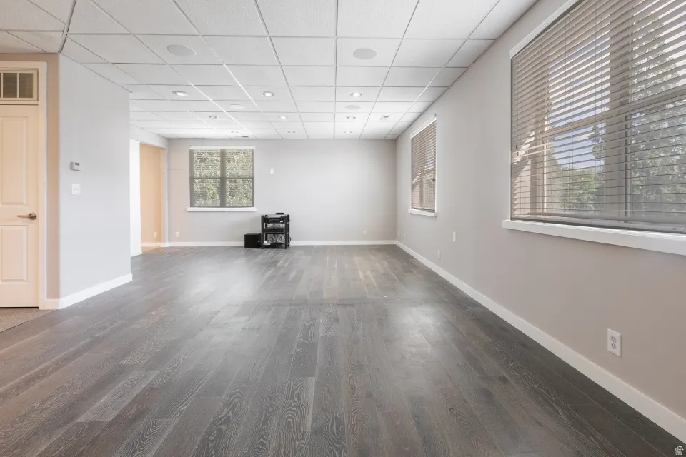Expansive room featuring wood-finish flooring, recessed lighting, and multiple windows