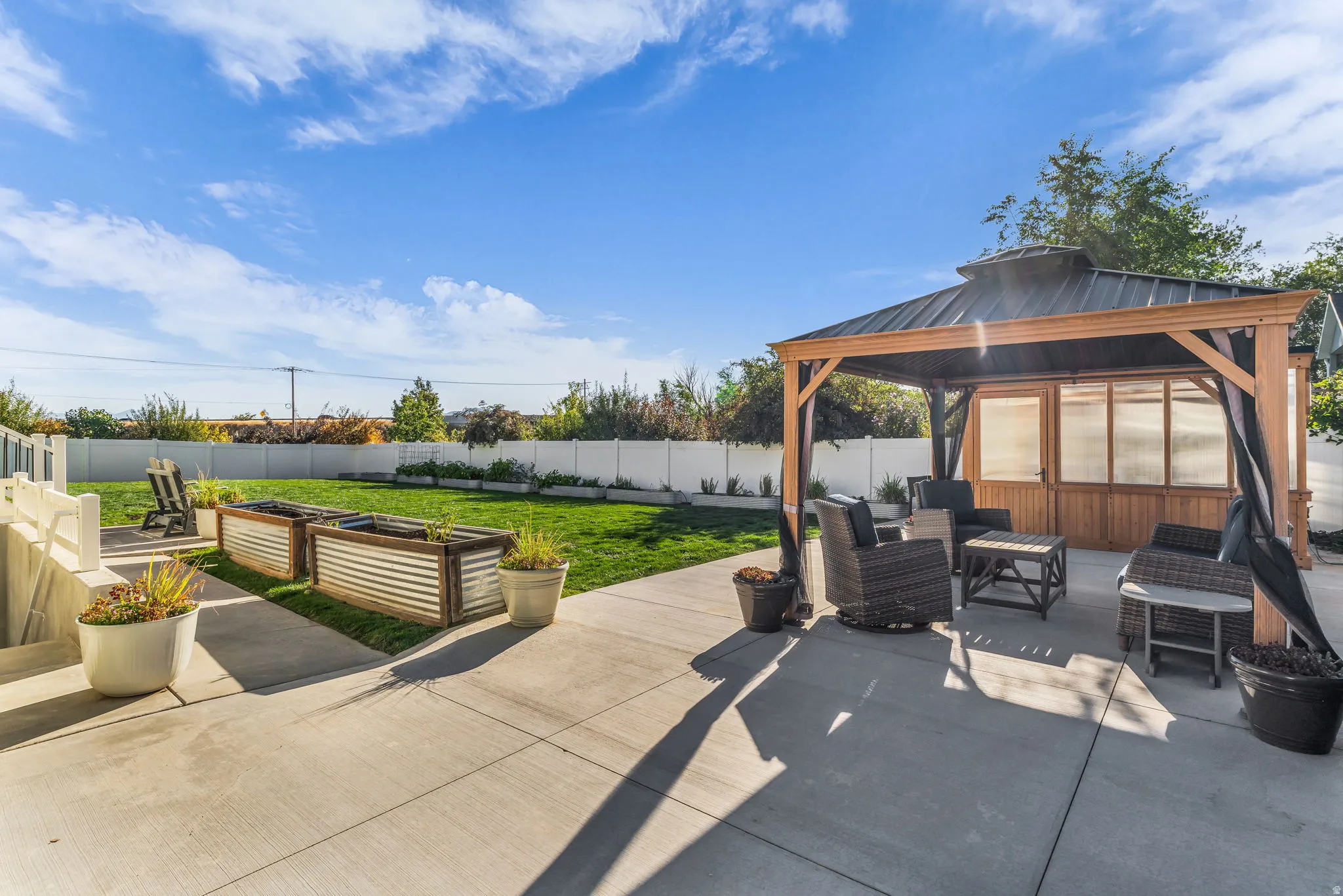 Pergola, raised garden beds