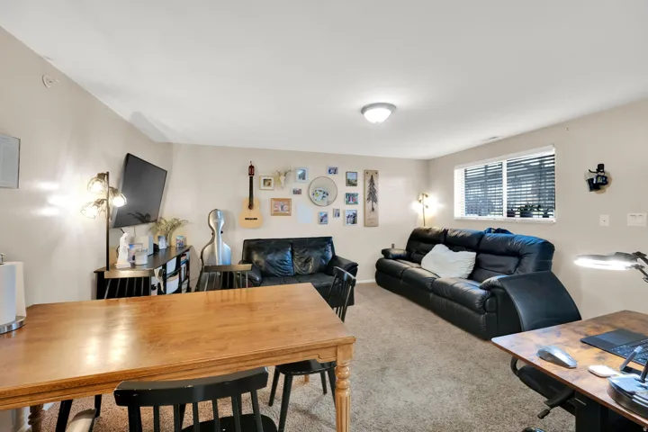 Carpeted living space with a single window, featuring a ceiling-mounted light fixture