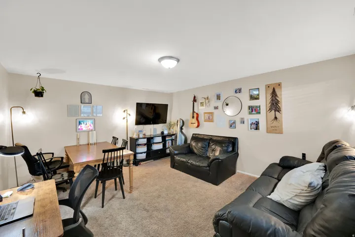 Carpeted living area with light-toned walls