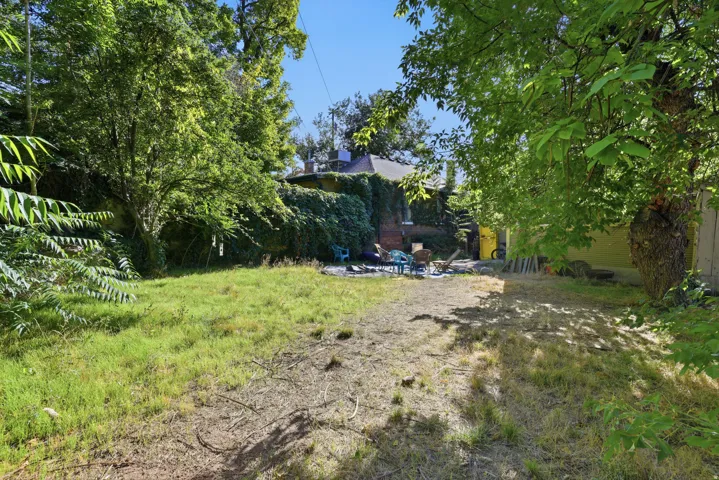 Expansive yard featuring a combination of grass and natural ground cover, bordered by mature trees and dense foliage