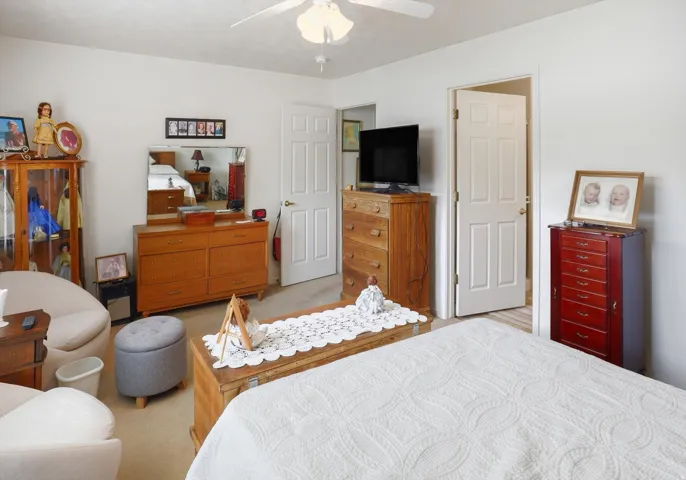 Recessed ceiling light with a ceiling fan, light-toned carpeting, and a white interior door
